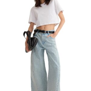 ترنديول بنطلون جينز فضفاض بخصر منخفض مزين بخياطة للنساء، لون ازرق فاتح، TWOSS25JE00049