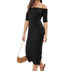 ترنديول فستان نسائي سادة متوسط الطول منسوج بقصة ضيقة / يناسب الجسم المجمّع بياقة كارمن - TWOSS25EL00067