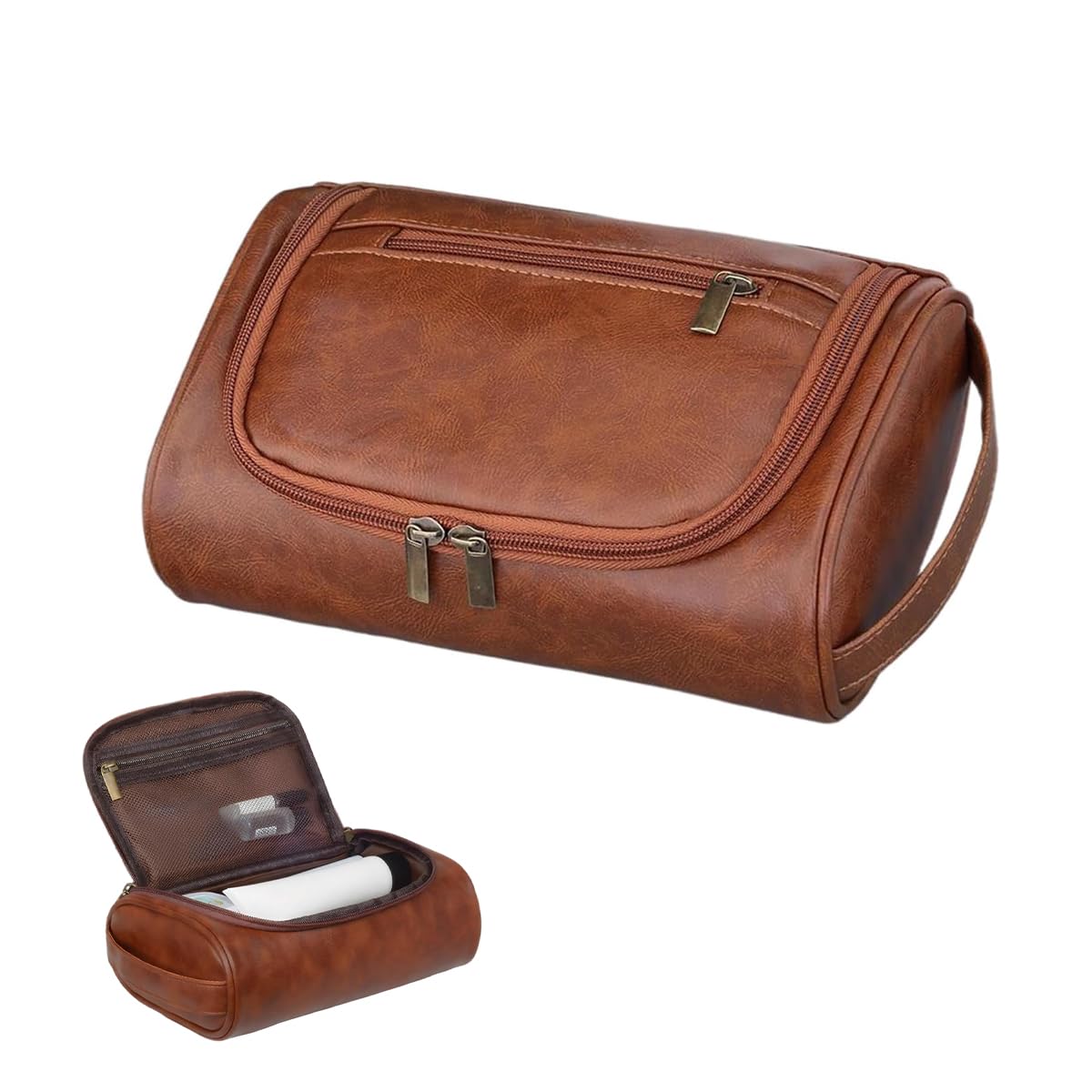 61cqZzSihEL ايليفانت بوت شنطة ادوات الزينة للرجال، منظم ادوات العناية الشخصية ومستلزمات الحلاقة، شنطة صغيرة الحجم من جلد البولي يوريثين المقاوم للماء، شنطة حمام اساسية للعناية الشخصية بلون بني