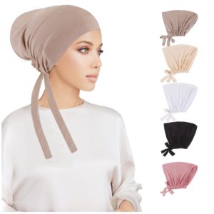 【عبوة من 5 قطع】قبعة داخلية للحجاب للنساء من توبيتي، قبعة اسلامية تحت الوشاح، قبعة تربون داخلية تحت الوشاح مع رباط خلفي قابل للتعديل، لفافة راس مريحة غير قابلة للانزلاق
