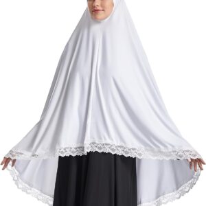 حجاب للنساء المسلمات بنمط وشاح طويل مزين بالدانتيل الناعم خفيف الوزن من نالاكال، لون أبيض سادة مقاس L