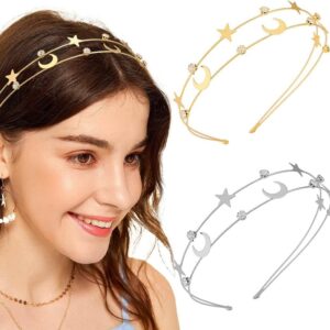 2 قطعة من عصابات الشعر على شكل قمر ونجمة للنساء والفتيات، مشابك شعر للزفاف، اكسسوارات تاج من خليط معدني