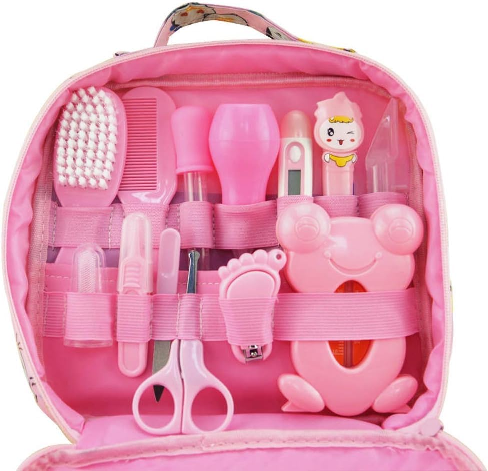 61eeYLW0zeL مجموعة أدوات العناية بالطفل من تويز ايجيبت، 13 قطعة من إكسسوارات العناية بالأطفال حديثي الولادة مع شنطة، لون زهري