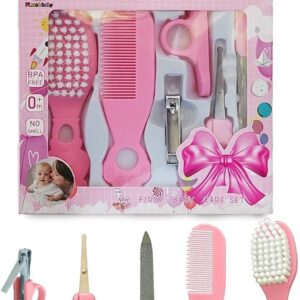 أدوات العناية بأظافر الأطفال حديثي الولادة، مجموعة مكونة من 6 قطع مع مقص وفرشاة شعر ومجموعة العناية الصحية والتنظيف للأطفال الرضع للاستخدام اليومي، وردي