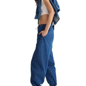 ترنديول بنطلون جينز بخصر مرتفع واستك عند الخصر للنساء بلون ازرق داكن TWOSS25JE00008