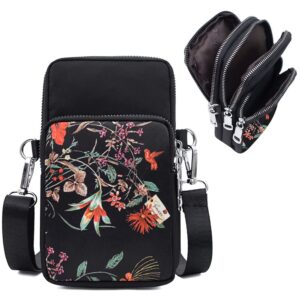 شنطة كروس للجوال للنساء والفتيات والسيدات محفظة للهاتف المحمول كتف صغيرة يد للسفر وجواز السفر - بتصميم زهور ريترو بلاك فلو اسود