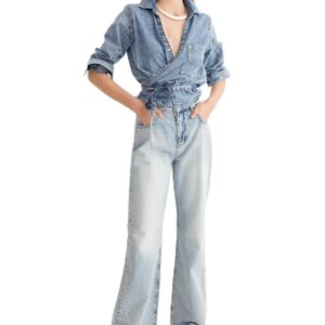 ترنديول بنطلون جينز بخصر مرتفع وارجل واسعة للنساء، موديل Twoss25Je00068