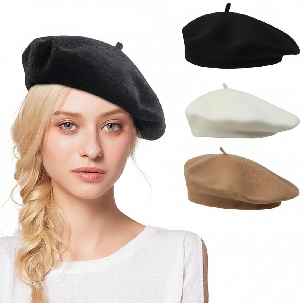 61fzAejmdcL 3 قطع قبعة بيريه للنساء، قبعات شتوية صغيرة على الطراز الفرنسي، قبعات كلاسيكية سادة للخريف والشتاء، قبعة عصرية مبطنة دافئة للفتيات والسيدات (اسود/ابيض/بني)