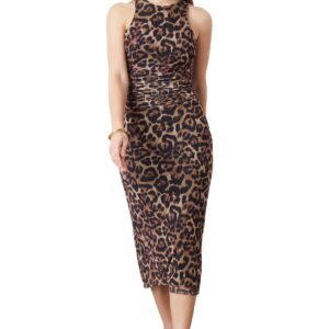 ترنديول فستان سهرة انيق من التول محبوك بنقشة جلد الفهد للنساء بلون بني متعدد الالوان TPRSS24EL00202