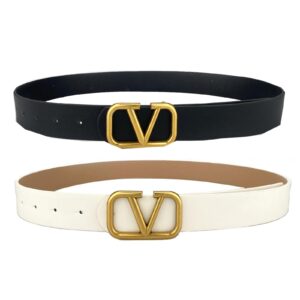 مجموعة حزام كلاسيكي على شكل حرف V، جلد صناعي 110 سم، اسود وابيض، حزام خصر قابل للتعديل للنساء، مشبك من خليط معدني ذهبي