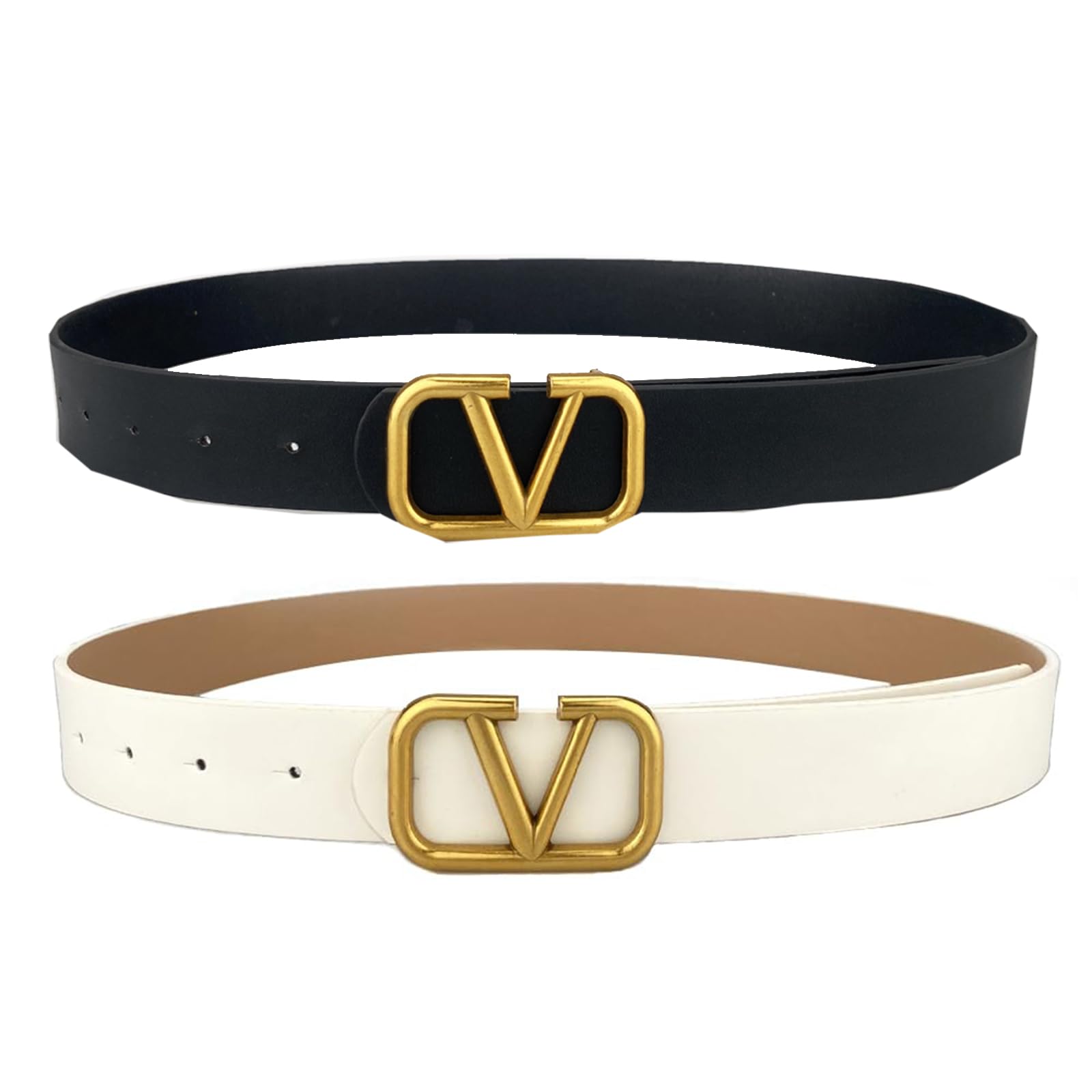 61gN2280k8L مجموعة حزام كلاسيكي على شكل حرف V، جلد صناعي 110 سم، اسود وابيض، حزام خصر قابل للتعديل للنساء، مشبك من خليط معدني ذهبي