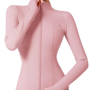 بلايز رياضية باكمام طويلة للنساء، تي شيرت قصير للياقة البدنية وتمارين اليوغا، تي شيرت للجري للسيدات، تي شيرت للياقة البدنية والتمارين الرياضية، مع فتحات للابهام، زهري (M)