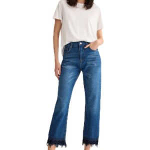 ترنديول بنطلون جينز بقصة مستقيمة وخصر عادي مزين بالدانتيل بلون ازرق للنساء، TWOSS25JE00007