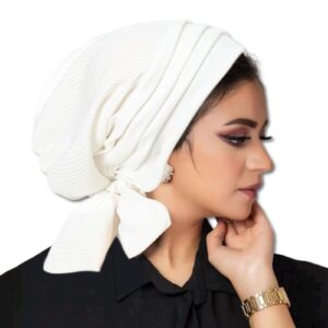 غطاء رأس للنساء من ويسفنلي، مناسب لمرضى السرطان، حجاب مُسبق الربط، بقبعة منحنية وشريطين، خفيف الوزن، توربان - لون أبيض