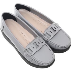 99.99 Women's Leather Shoes with Chunky Block Heel and Front Leather Chain (Grey, 37)