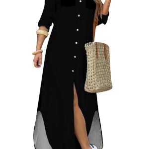 فستان ماكسي عملي بقبة مطوية على الصدر وطبعة زهور وفتحة جانبية وأكمام طويلة وقصة فضفاضة للنساء من دياكاسي