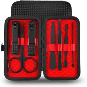 مجموعة قصافة اظافر 7 قطع للعناية الشخصية من اس زد واي واي كيو، شنطة محمولة من الستانلس ستيل، مجموعة العناية بالاظافر الاحترافية الفاخرة 8 في 1، هدية للرجال والوالدين والنساء (اسود واحمر)