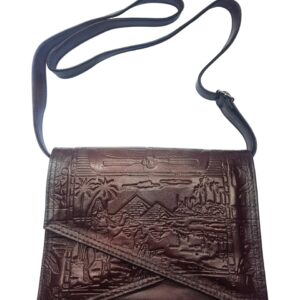 شنطة كتف وكروس جلد طبيعى للنساء برسم فرعونى بارز