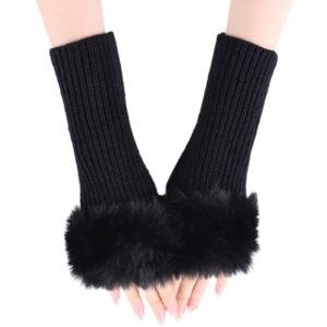 قفازات شتوية بدون اصابع للنساء، مدفئات ذراع محبوكة مع فتحة ابهام واساور معصم قصيرة من الفرو الصناعي