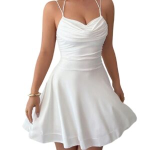 فستان كوكتيل ميني بقصة حرف A وحافة بكشكشة متعددة الطبقات مع توب حمالات (كامي) للنساء من جورجليتر برباط حول الرقبة وياقة درابية وكشكشة