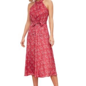 فستان متوسط الطول منسوج ومبطن بدون أكمام برقبة برباط وحزام وطبعة زهور للنساء TWOSS20EL2536 من ترنديول