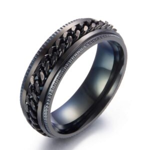 خاتم من الستانلس ستيل بتصميم سلسلة متينة للرجال والاولاد مع قاعدة سوداء يلو تشايمز معدن 1.5