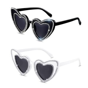 نظارات شمسية على شكل قلب للنساء والرجال، زوجان من النظارات الشمسية الكلاسيكية اللامعة المرصعة باحجار الراين اللامعة للعروس ووصيفة العروس، نظارات ديكور الزفاف، احجار الراين المتلألئة بظلال رترو عصرية