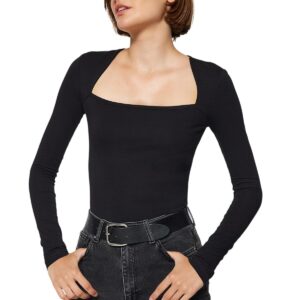 بلوزة قطن TWOAW24BZ00165 ضيقة برقبة مربعة بتصميم قابل للتمدد للنساء من ترينتديول، لون أسود