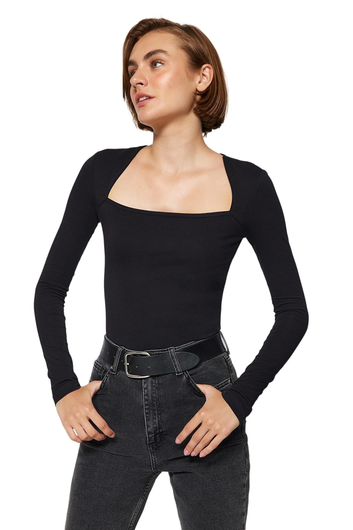61mJQuIS5aL ترنديول بلوزة قطن سوداء قابلة للتمدد برقبة مربعة للنساء TWOAW24BZ00165 (عبوة من قطعة واحدة)
