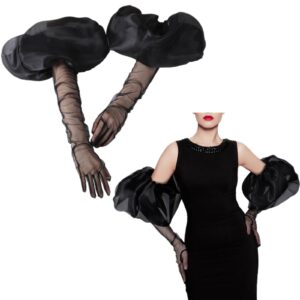 قفازات اوبرا انيقة باكمام منفوخة للنساء، قفازات رسمية طويلة من قماش التل الشبكي الشفاف للحفلات وحفلات الزفاف ومناسبات الرقص - اكسسوار راقي لملابس السهرة (اسود، مقاس واحد)
