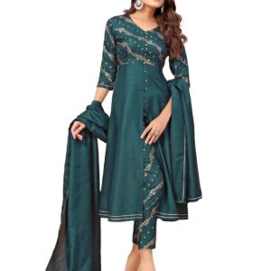 Sanisa Women's Foil printed Straight Kurta Set With Dupatta, Teal, 2XL