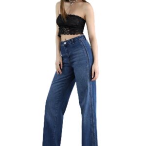 بنطلون جينز بقصة مستقيمة وخصر مرتفع وتفاصيل مخيطة للنساء من ترينديول، لون أزرق غامق، TWOSS25JE00137