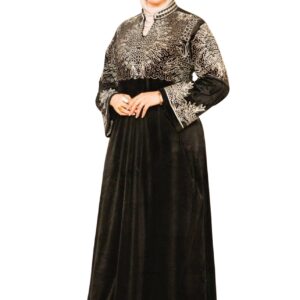 عباية للنساء مصنوعة من المخمل، مطرزة على الصدر والأكمام، مناسبة للوزن من 29.5 حتى 63.5 كجم، بتصميم أنيق للمحجبات