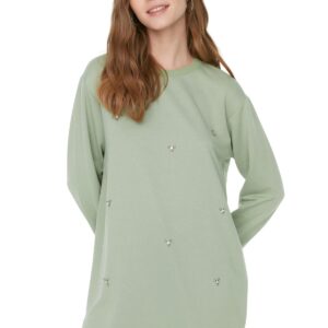 بلوزة طويلة للنساء طراز TCTSS22TN0072، محبوكة برقبة دائرية ضيقة من ترنديول، لون أخضر فاتح (عبوة من 1 قطعة)