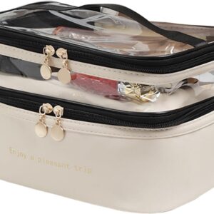 فوريرا حقيبة مكياج جلد ضد الماء 2 في 1 بسحاب مزدوج ومقبض – منظم مستحضرات التجميل والعناية الشخصية للسفر والمنزل