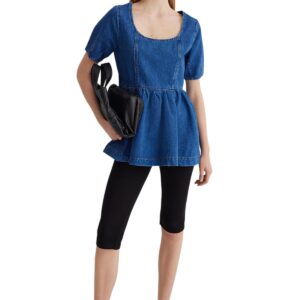 ترنديول بلوزة جينز للنساء بتفاصيل خياطة زرقاء TWOSS25BZ00001