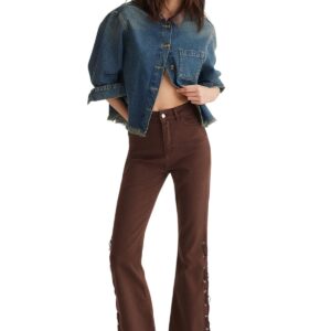 ترنديول بنطلون جينز بقصة واسعة وخصر مرتفع وخصر مرتفع مزين بعروات جانبية للنساء، لون بني، TWOSS25JE00013