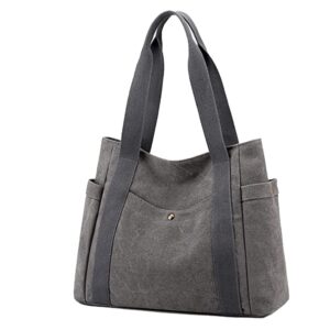 حقيبة كتف نسائية كلاسيكية من القماش يومية كبيرة توت بمقبض علوي يد للتسوق متعددة الجيوب ريترو كاجوال للنساء 14 انش لابتوب عمل رمادي,