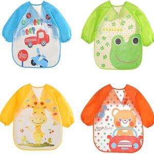 مرايل اطفال باكمام طويلة مقاومة للماء من بريتزكر، مريلة اطفال بنمط لطيف، مرايل تغذية للجنسين، مريلة اطفال لطيفة للاطفال من عمر 6 اشهر الى 3 سنوات، 4 قطع