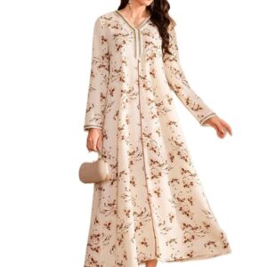 جلابية ماكسي باكمام طويلة ورقبة شكل V وطبعة زهور للنساء من ستايلي