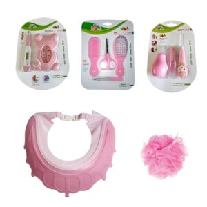 مجموعة العناية بالطفل من لا فروتا، (مشط وفرشاة شعر + مقص أظافر ومبرد + ترمومتر وميزان حرارة الماء وقبعة استحمام مطاطية وإسفنجة النايلون + بالأنف والأذن)، متعدد الألوان