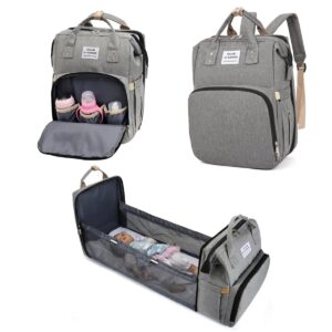 شنطة حمل بسعة كبيرة - سرير اطفال مقاوم للماء، شنطة ظهر لتغيير الحفاضات، وحقيبة يد للعناية بالطفل في منتج واحد (رمادي)