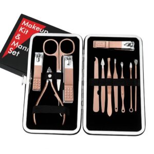 أدوات العناية بالأظافر، أدوات تجميل من الفولاذ المقاوم للصدأ لتقليم الأظافر والعناية بالأقدام وتشذيب الحواجب مع حافظة جلدية للسفر والاستخدام المنزلي، مجموعة من 12 قطعة