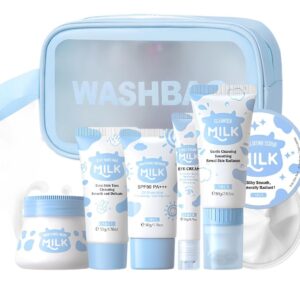 لايكو مجموعة العناية بالبشرة المرطبة من ميلك مكونة من 7 قطع مع كريم تعزيز الاشراق وواقي من الشمس وكريم عين مضاد للشيخوخة ومقشر تفتيح وشمع اليدين ومنظف الوجه وشنطة غسيل لترطيب البشرة حتى لون البشرة