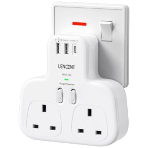 LENCENT Double Plug Adaptor with 1 USB C and 2 USB Ports, Surge Protected Multi Plug Adapter, 2 Way Wall Plug Extender for Household Appliances, iPhone, Smartphones, Tablets, 13A 3250W