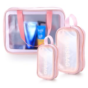 مجموعة شنط أدوات التجميل للسفر مستحضرات شفافة ومقاومة للماء شنطة مكياج محمولة منظم لأدوات العناية الشخصية للرجال والنساء والأطفال مناسب طقم من 3 قطع بلون وردي بلاستيك بي في سي كيابوغ