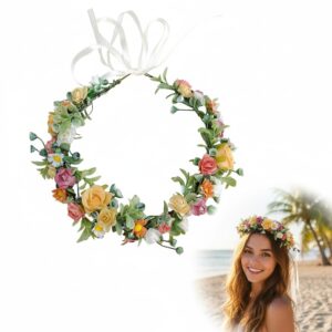 شريط راس على شكل تاج ورود مع شريط، اكليل زهور بوهيمي لحفلات الزفاف وهاواي والمهرجانات وحفلات الشاطئ ودعائم التصوير الفوتوغرافي، اكسسوارات قابلة للتعديل للبنات والنساء (قطعة واحدة، مقاس واحد)