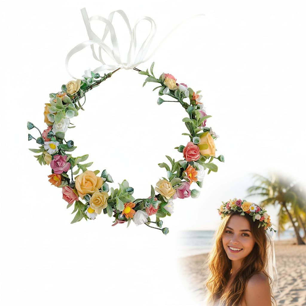 61w-uBecL شريط راس على شكل تاج ورود مع شريط، اكليل زهور بوهيمي لحفلات الزفاف وهاواي والمهرجانات وحفلات الشاطئ ودعائم التصوير الفوتوغرافي، اكسسوارات قابلة للتعديل للبنات والنساء (قطعة واحدة، مقاس واحد)