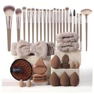 مجموعة فرش مكياج احترافية مع إسفنجة مكياج ووسادة بودرة وشريط رأس لغسل الوجه وأساور معصم وفرش مكياج للسفر للنساء والفتيات من جوديرن، بني، 40 قطعة