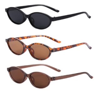 3 عبوات من النظارات الشمسية للنساء، نظارات شمسية بعدسات بيضاوية بنية وسوداء، نظارات شمسية رترو عصرية بنمط التسعينيات، اطار ضيق وصغير على شكل صدفة السلحفاة